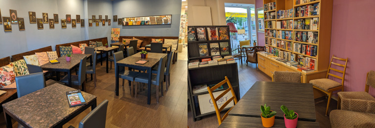 Im hinteren Teil des Buchladens befindet sich der Cafébereich. 
Außerdem gibt es einige Tische zwischen den Büchern und Terrassen sowohl vor als auch hinter dem Haus.