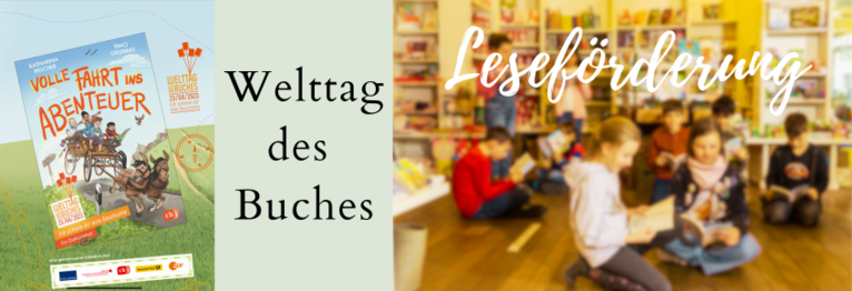 Eine Schulklassse sitzt in einem Buchladen auf dem Boden und liest. Schriftzug: Leseförderung