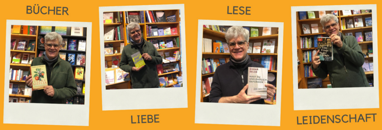 4 verschiedene Fotos, Buchhändler mit Buch und Text: Bücher Liebe Lese Leidenschaft